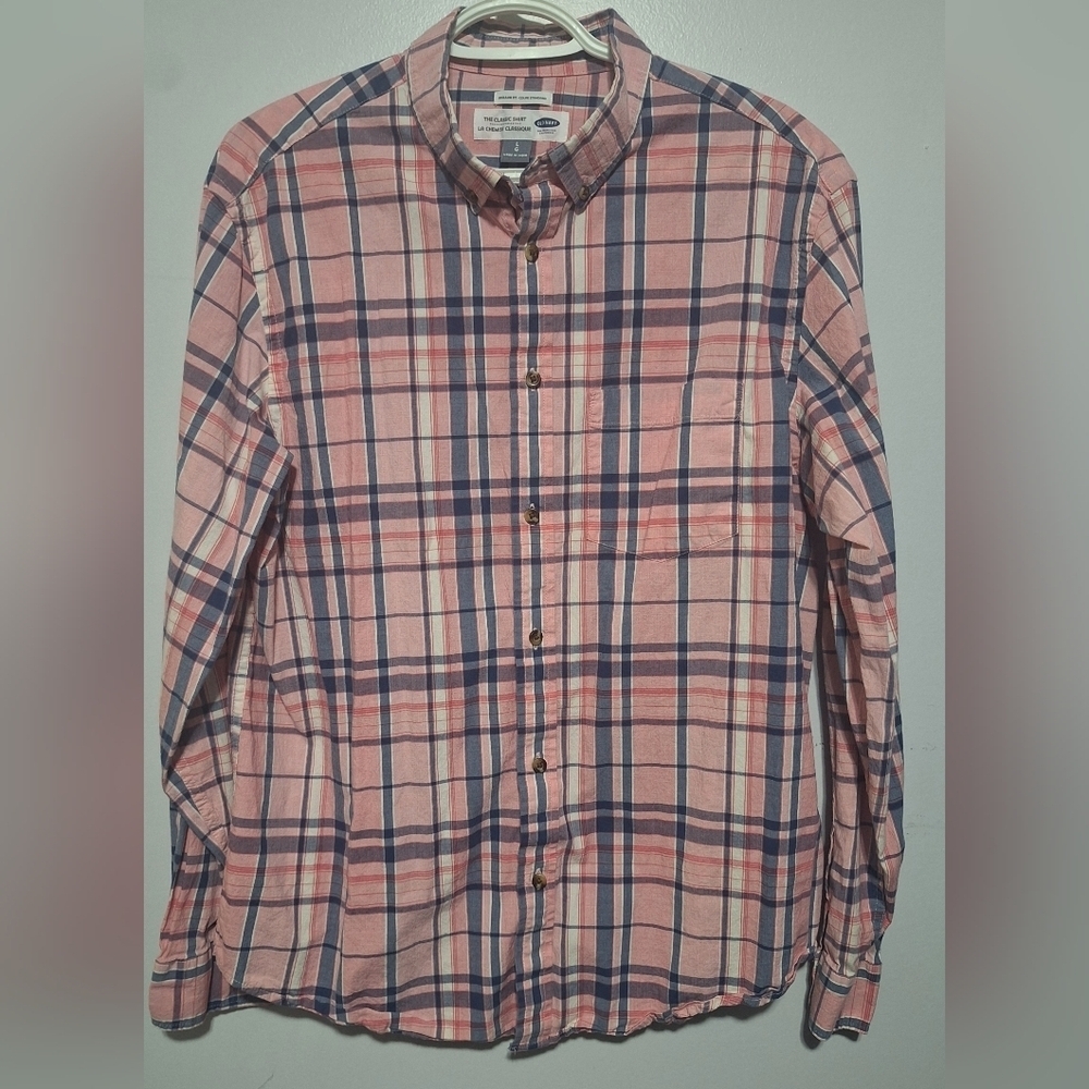 Lrg Old Navy Men's Pink and Blue Plaid Shirt